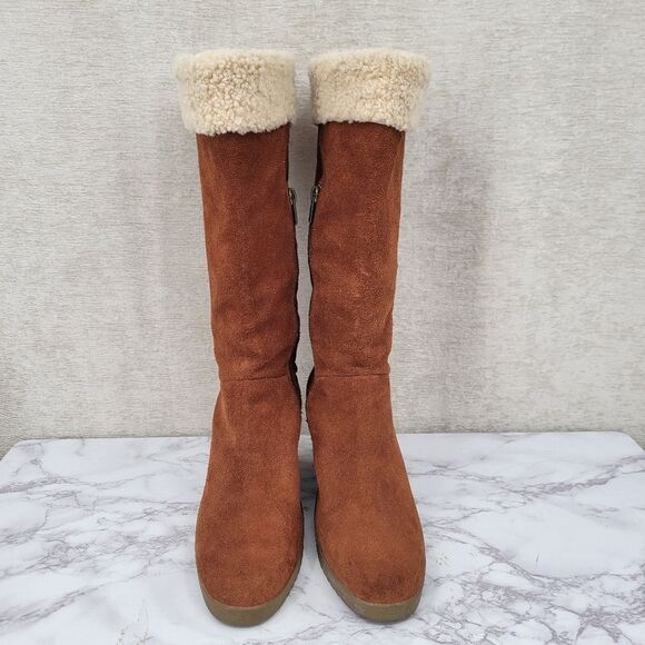 Ugg Felicity Brown Suede Wedge Boots with Real Sherpa Sheepskin Cuff And Footbed - Picture 2 of 16